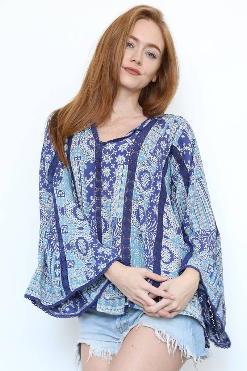 V-Neck Flare Bell Sleeve Lace Insets Top
