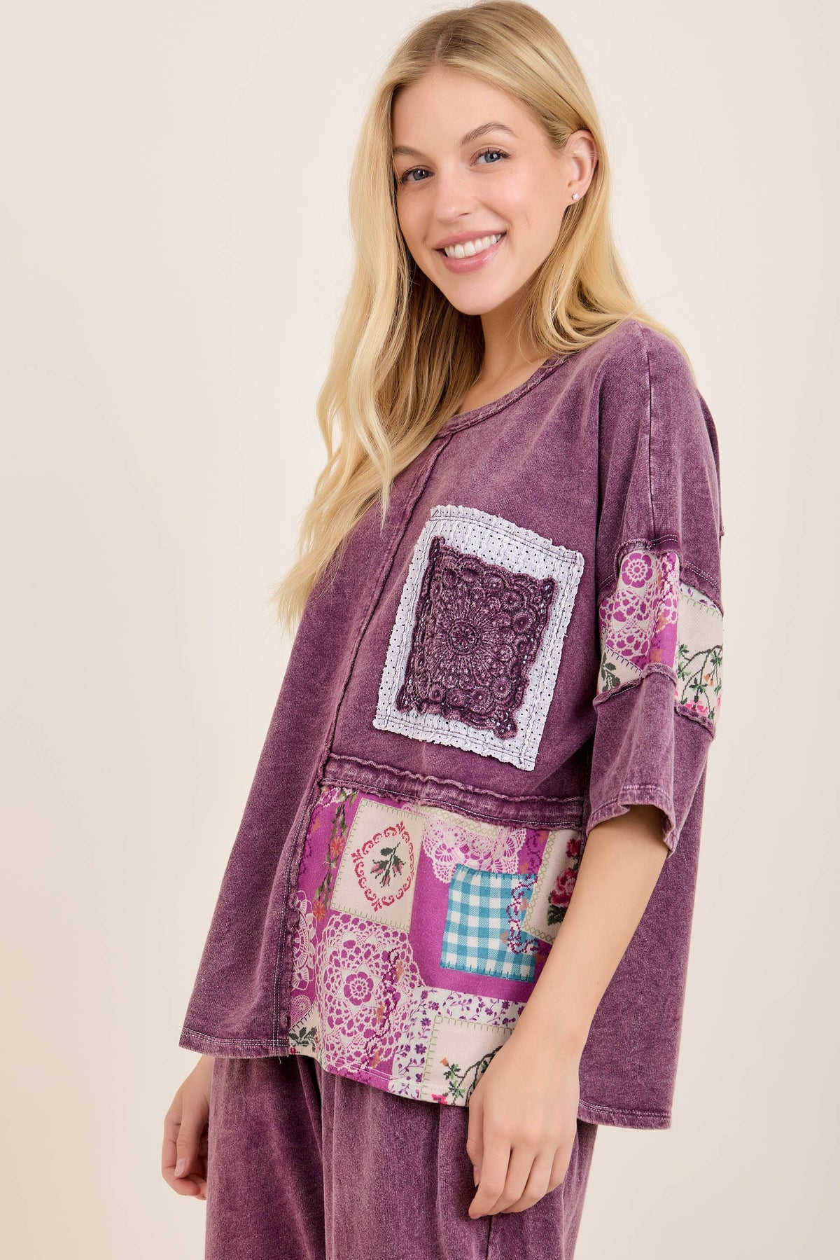 Mineral Washed Rosy Nostalgia Boho Patched top HT7524