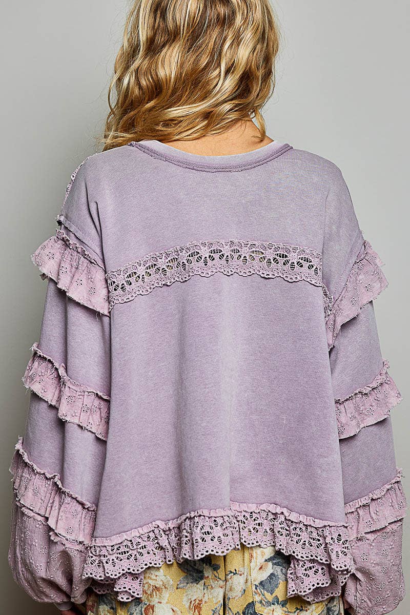 French Terry Eyelet Ruffle Vintage Washing Solid Knit Top