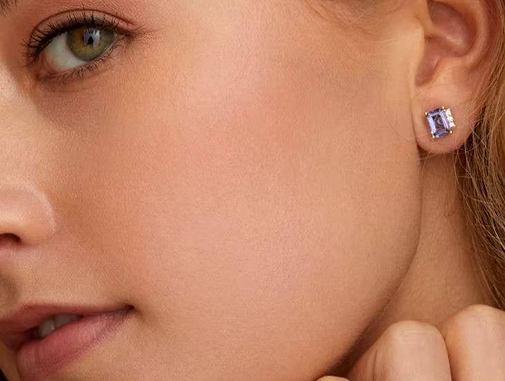 Aquamarine or Amethyst Square Post CZ Earring Stud Gem Gift