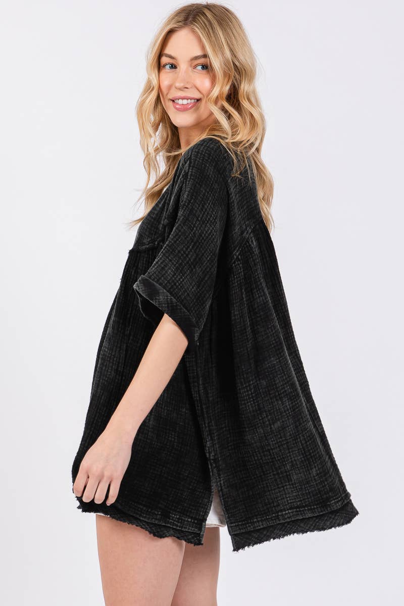 Mineral Washed Fringe Hem Oversizes Top