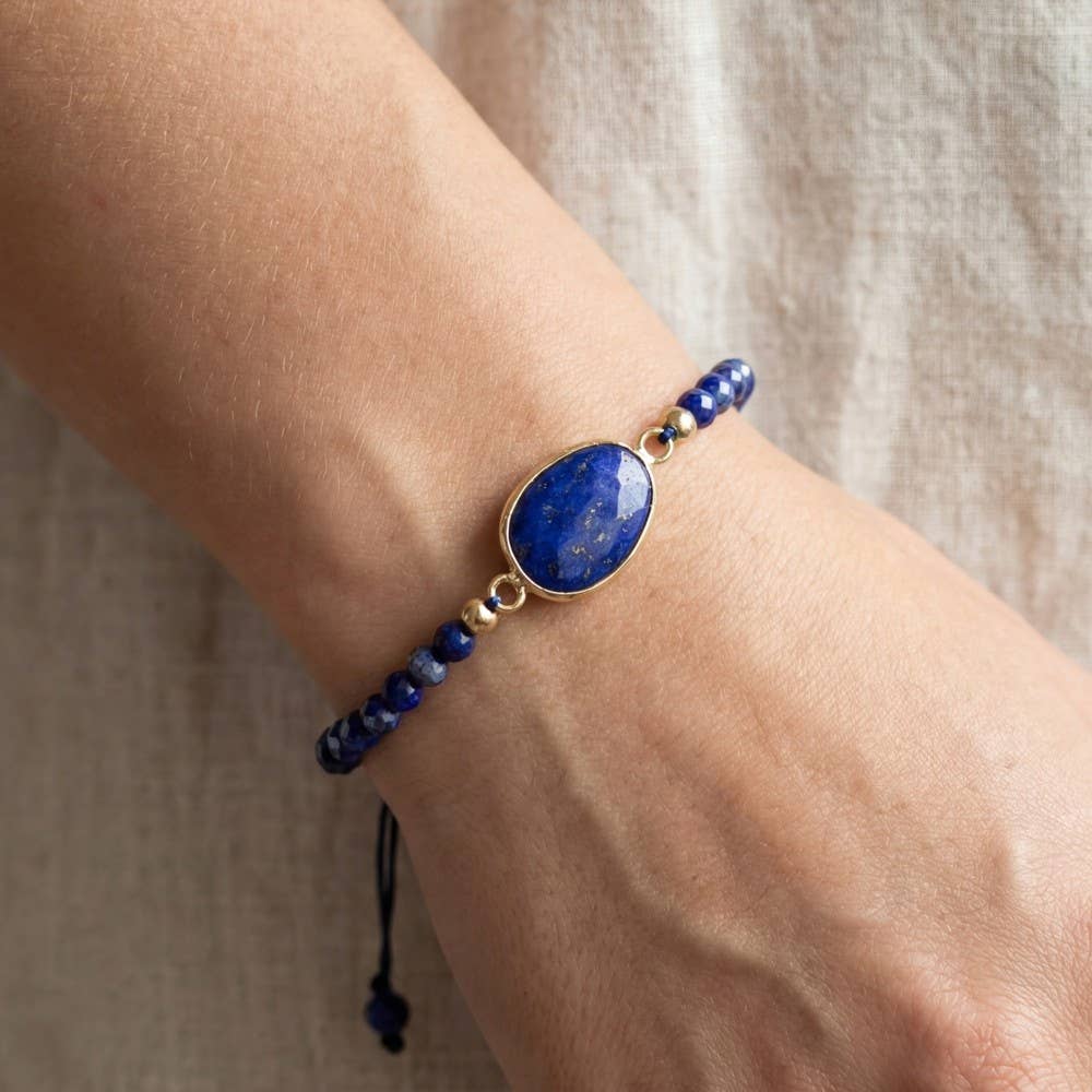 Faceted Semi Precious Oval Stone Charm Beaded Cord Bracelet