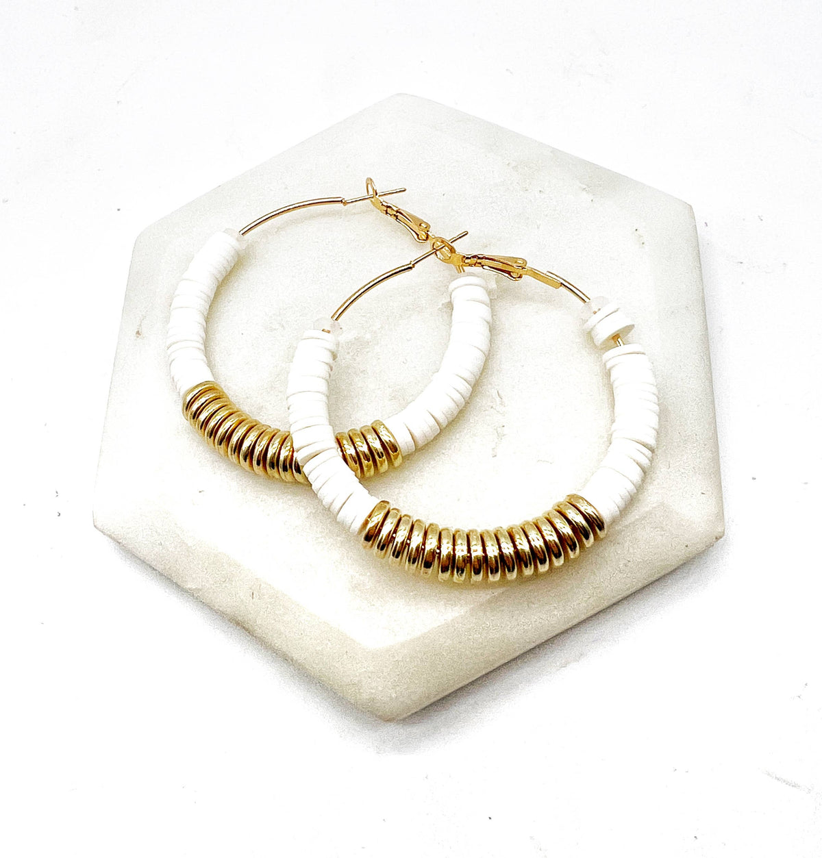 White Gold Heishi Hoop Earrings