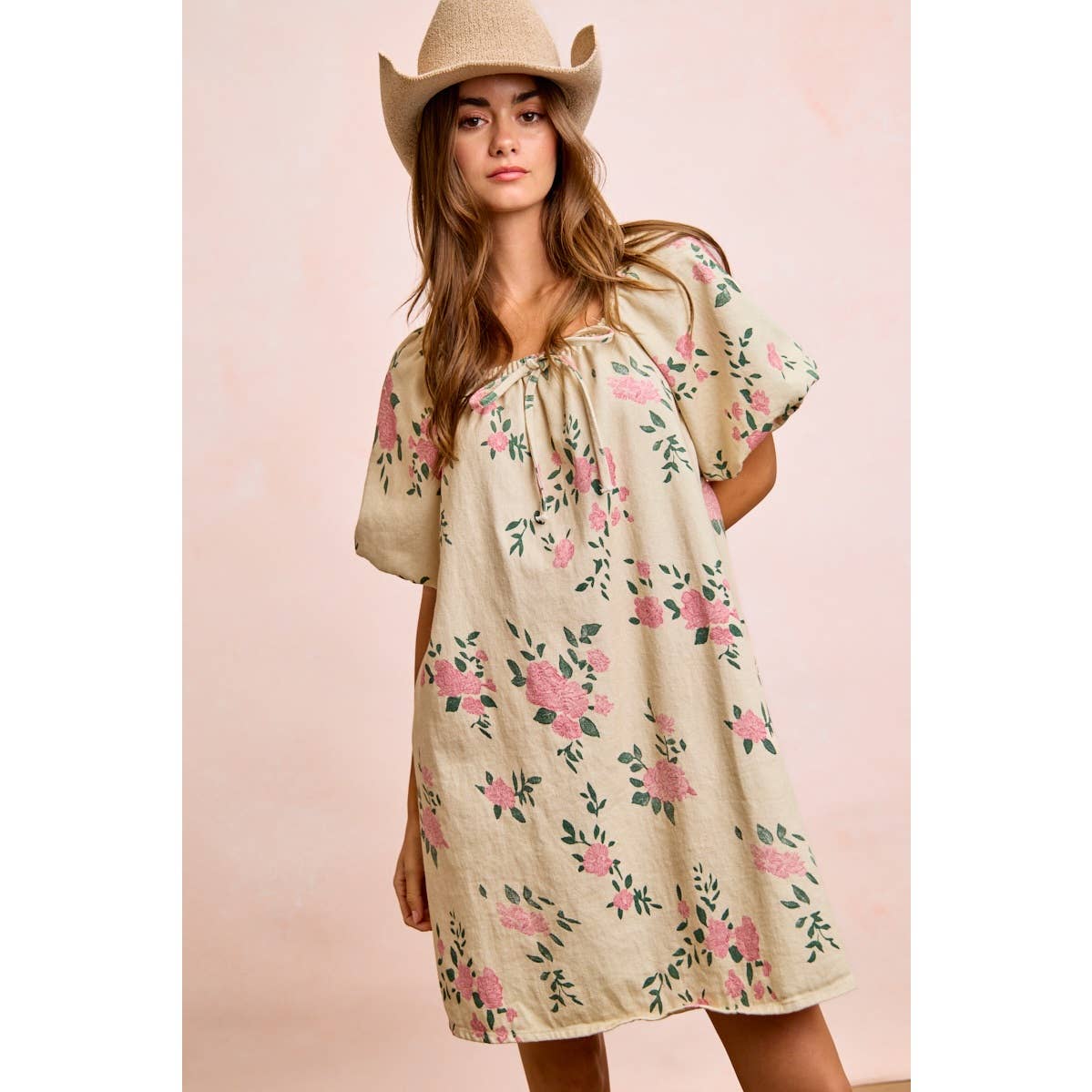 FLORAL DENIM SQUARE NECK DRESS WITH BUBBLE SLEEVE
