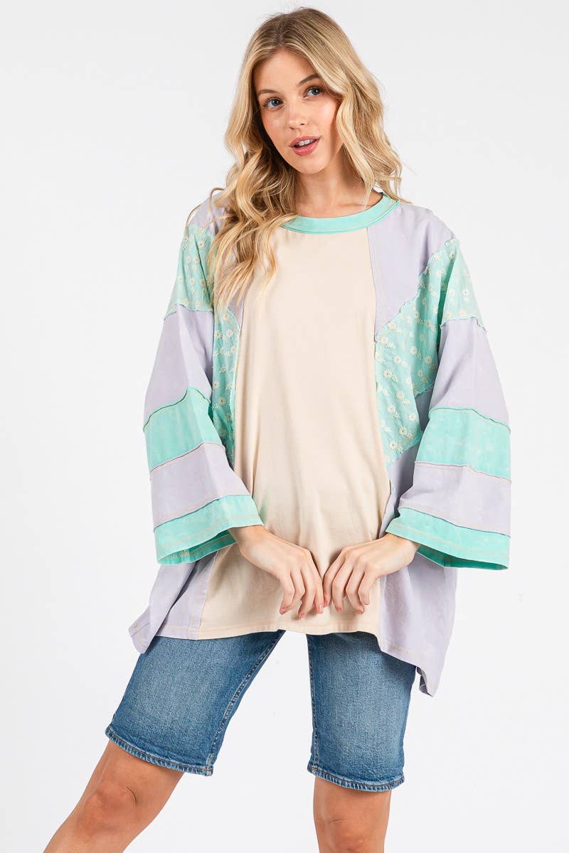 Mineral Washed Floral Patch Oversized Top
