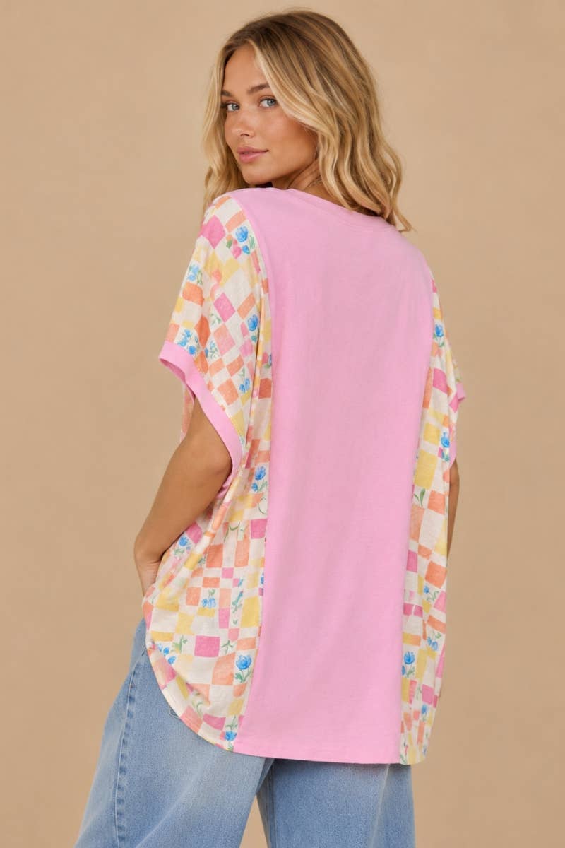 Floral Checkered Mixed-Media Top