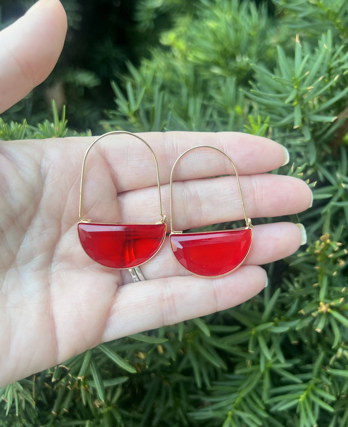 Red Crimson Gold Gem Hoop Earrings