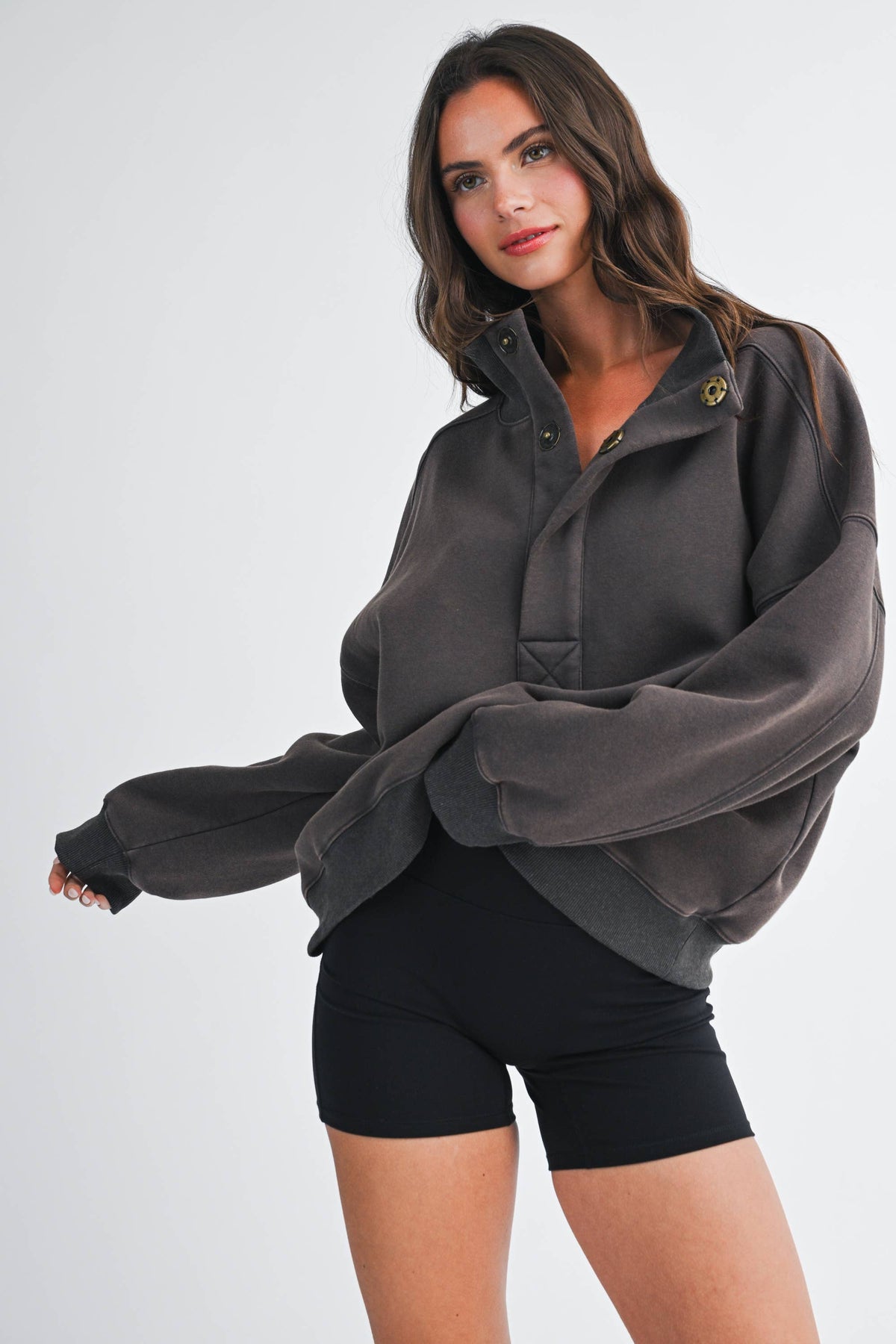 Oversized Snap Neck Pullover Sweatshirt