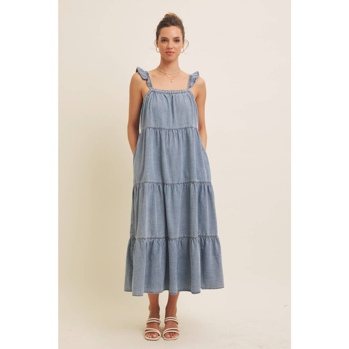 DENIM WASHED MIDI DRESS WITH RUFFLES AND BACK BOW