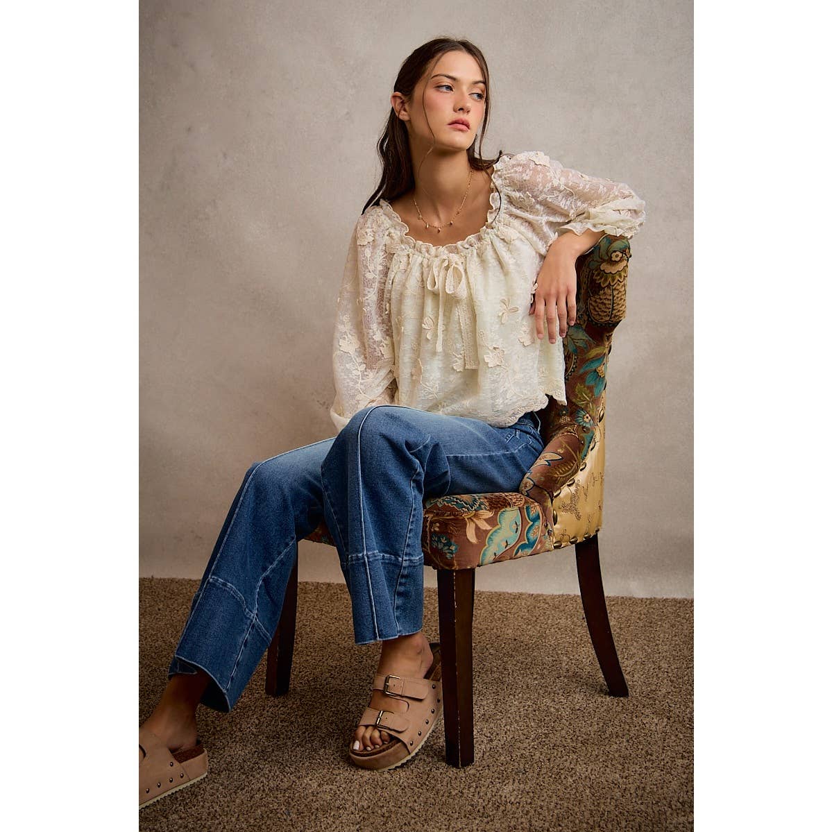 3D Floral Lace Scallop Edge Long Sleeve Blouse