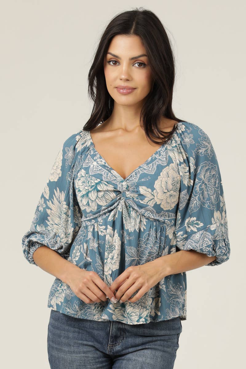 Twist Front Floral Print Blouse