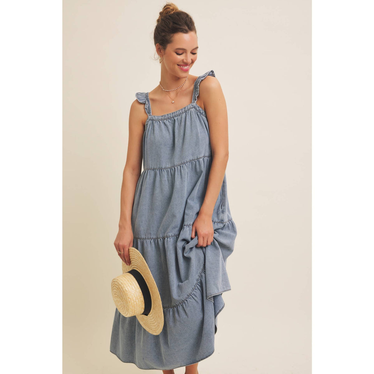 DENIM WASHED MIDI DRESS WITH RUFFLES AND BACK BOW