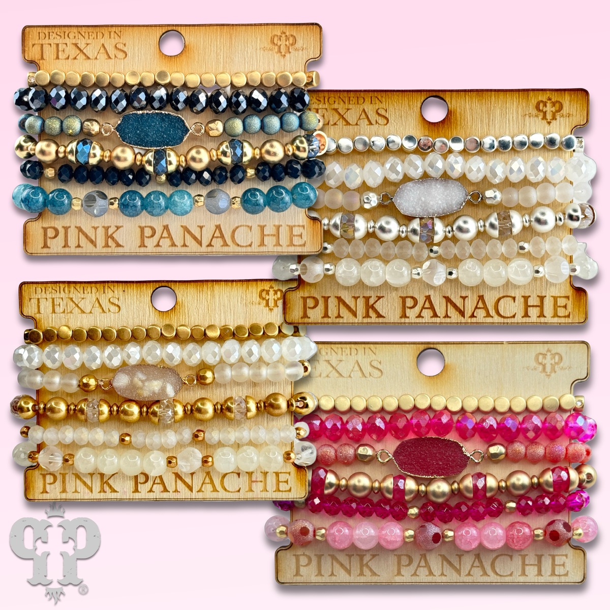 Six strand variety bead and druzy charm bracelet
