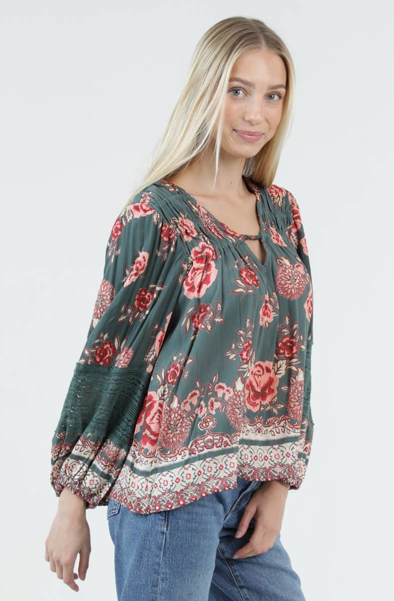 Floral V-Neck Ruffle Long Sleeve Top