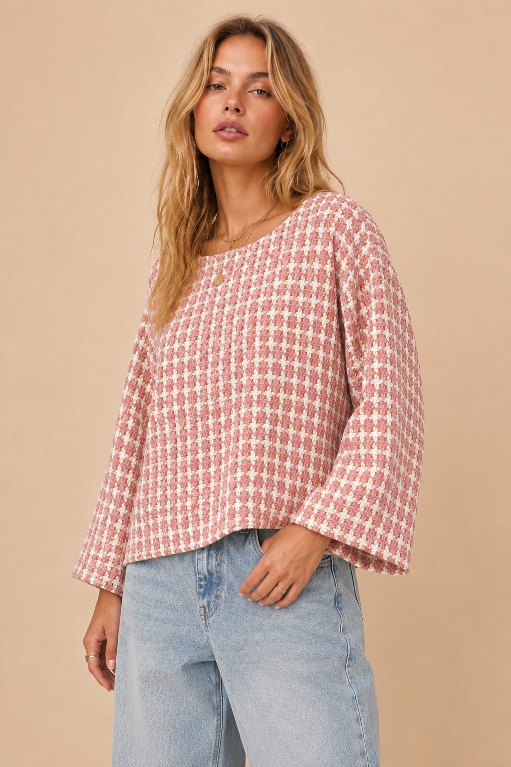Multi-Color Tweed Bell Sleeve Knit Top
