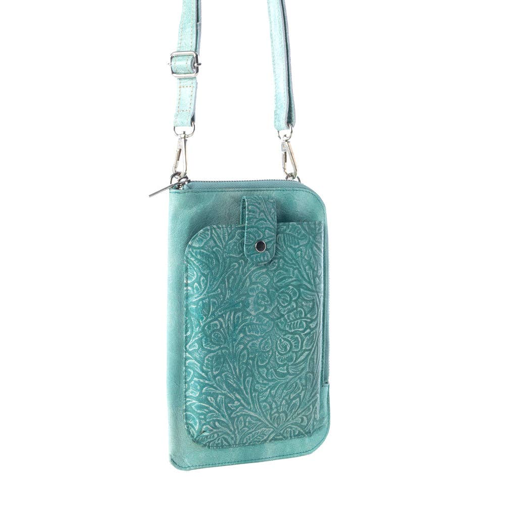 Coyote Bloom Embossed mini sling for Women in aqua with floral detail