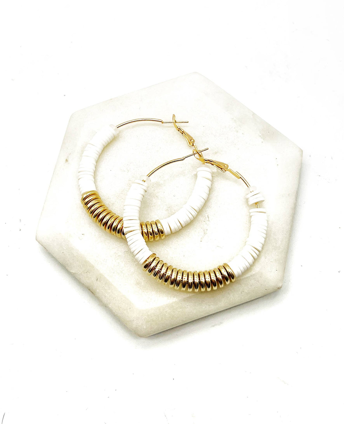 White Gold Heishi Hoop Earrings