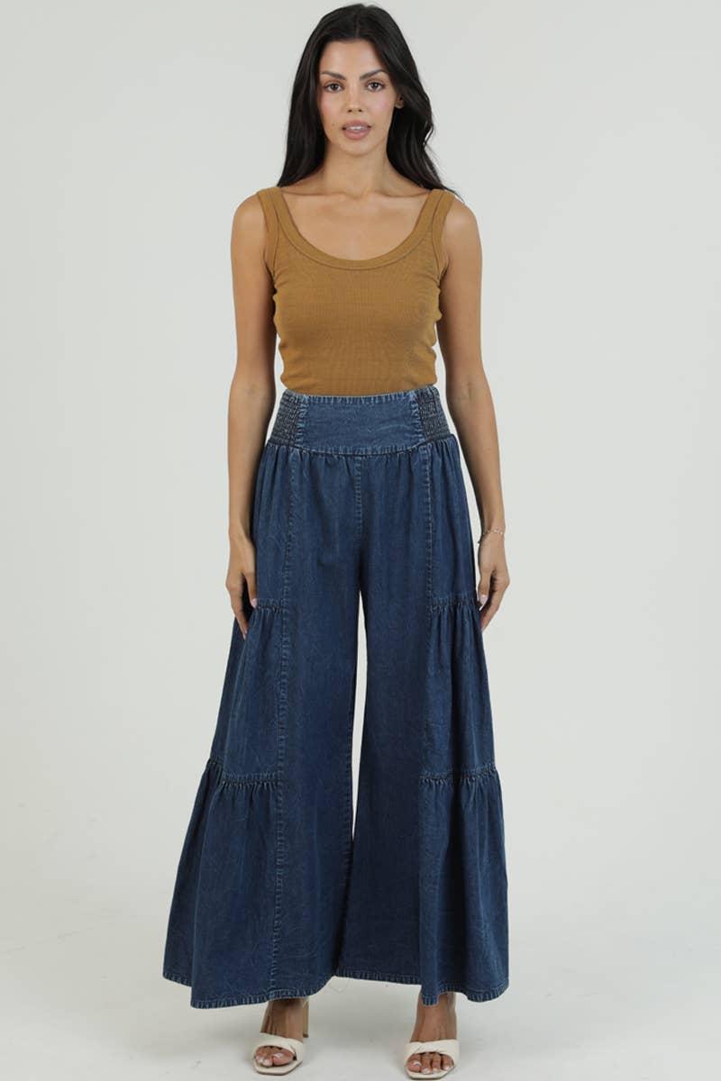 Smocked Waist Tiered Wide Leg Pant