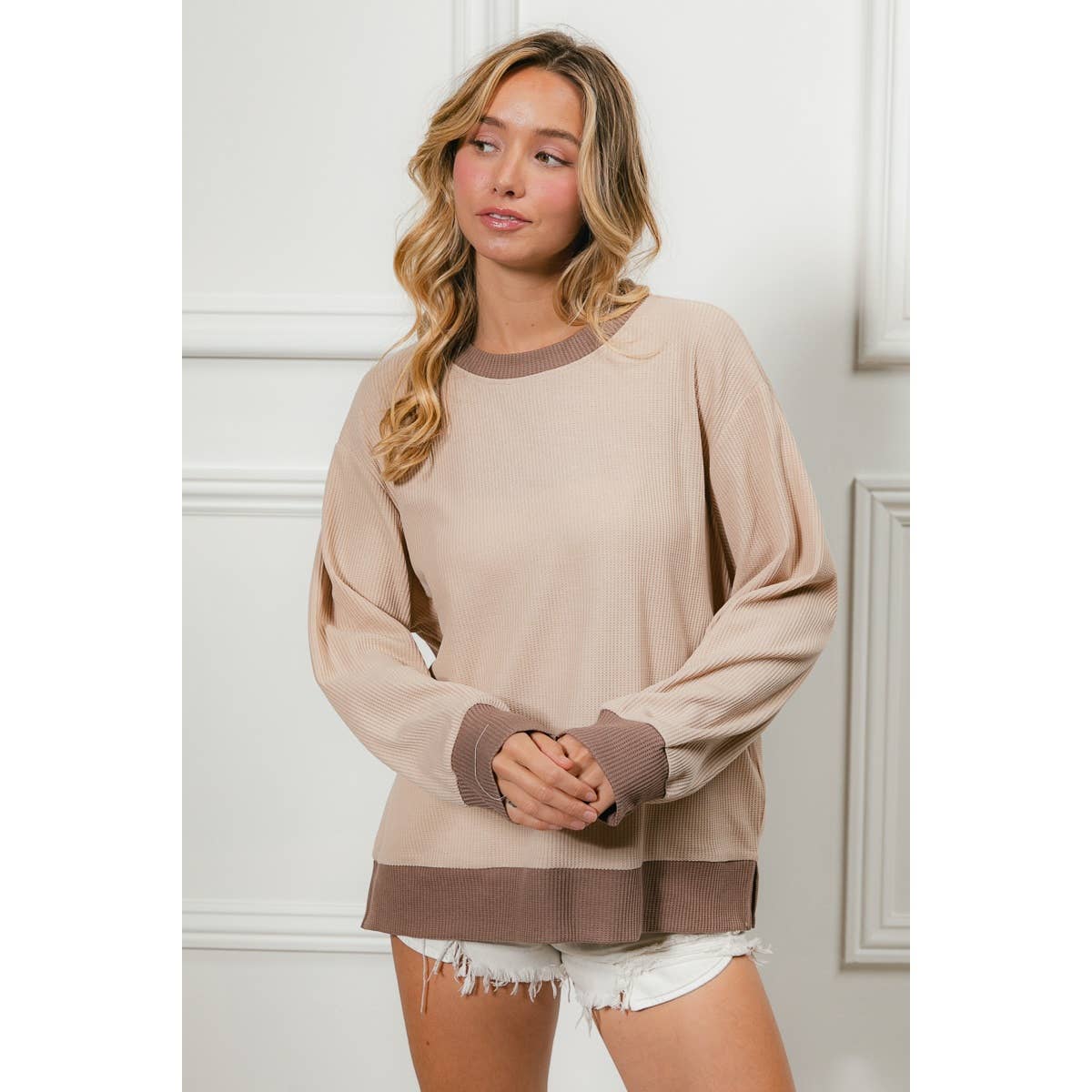 Color Block Waffle Thermal Pullover