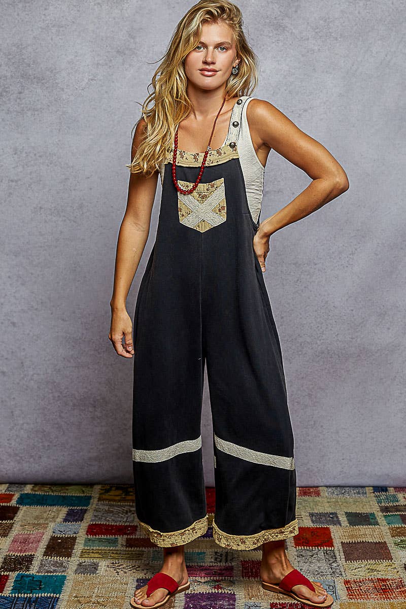 Vintage-Wash French Terry Patchwork Overalls