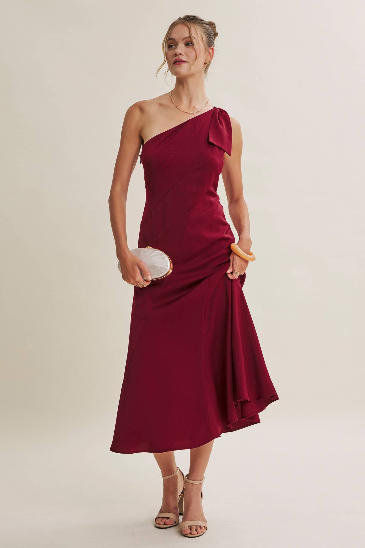 PARTY GLAM ONE-SHOULDER BOW MIDI DRESS W/ SCULPTING SEAM