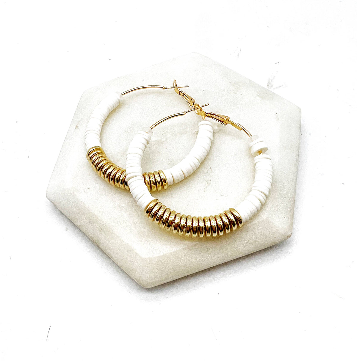 White Gold Heishi Hoop Earrings