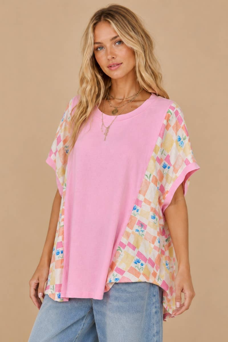 Floral Checkered Mixed-Media Top