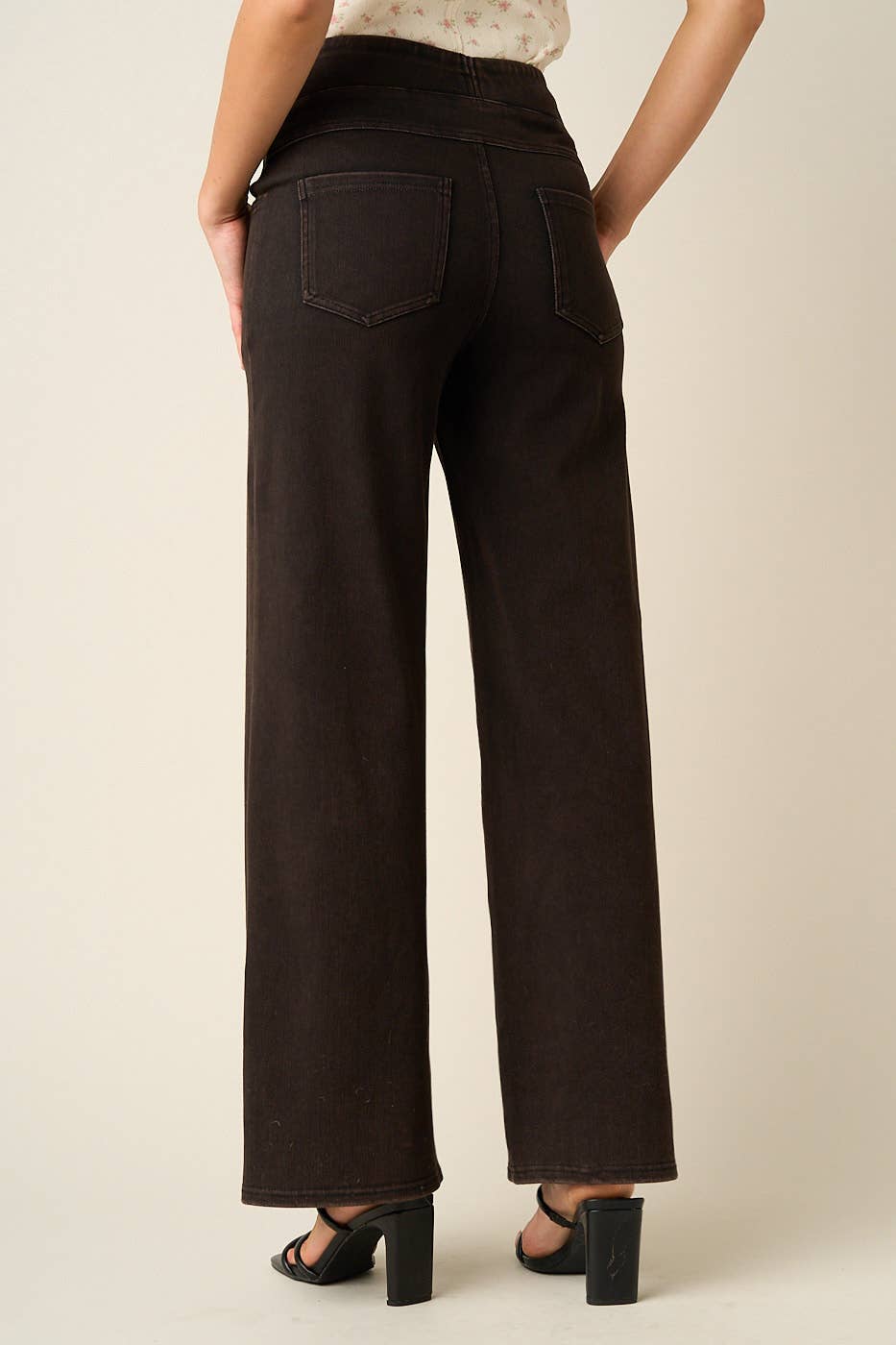 WASHED DENIM ELASTIC WAISTBAND WIDE LEG PANTS