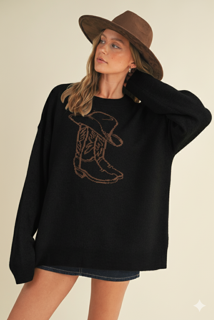 Western Cowboy Boot & Hat Graphic Knit Sweater
