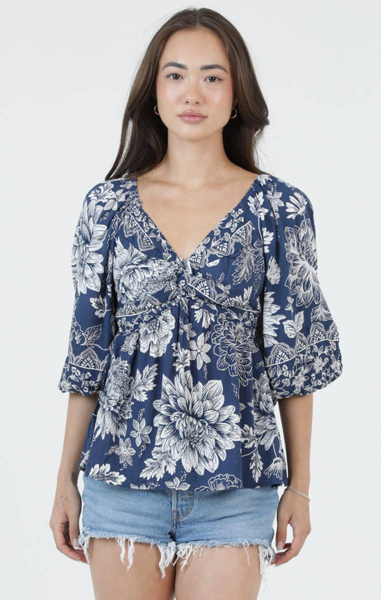 Twist Front Floral Print Blouse