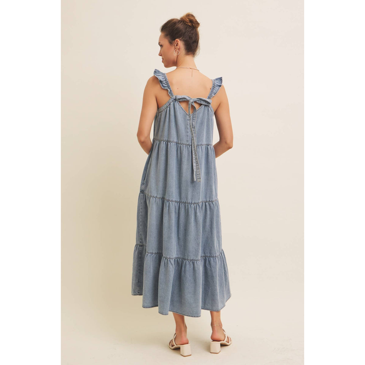 DENIM WASHED MIDI DRESS WITH RUFFLES AND BACK BOW