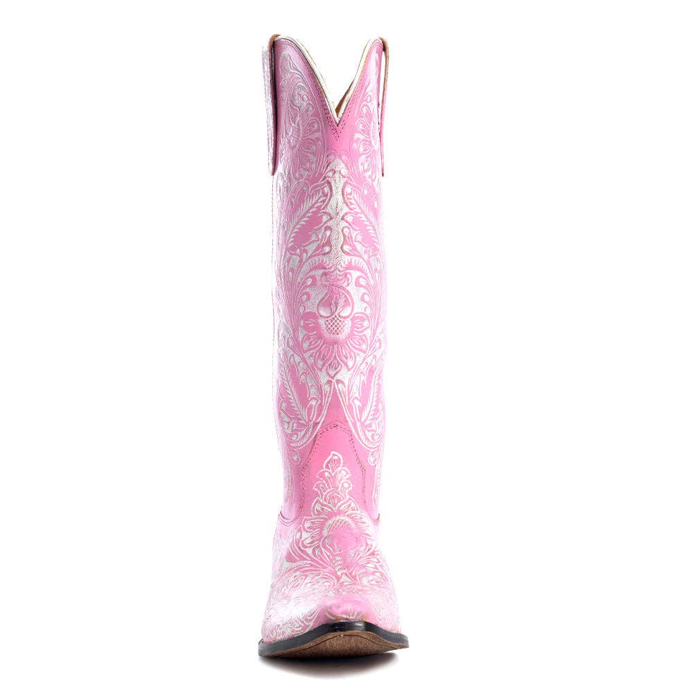 Pink Hand-Tooled Floral Western Boots