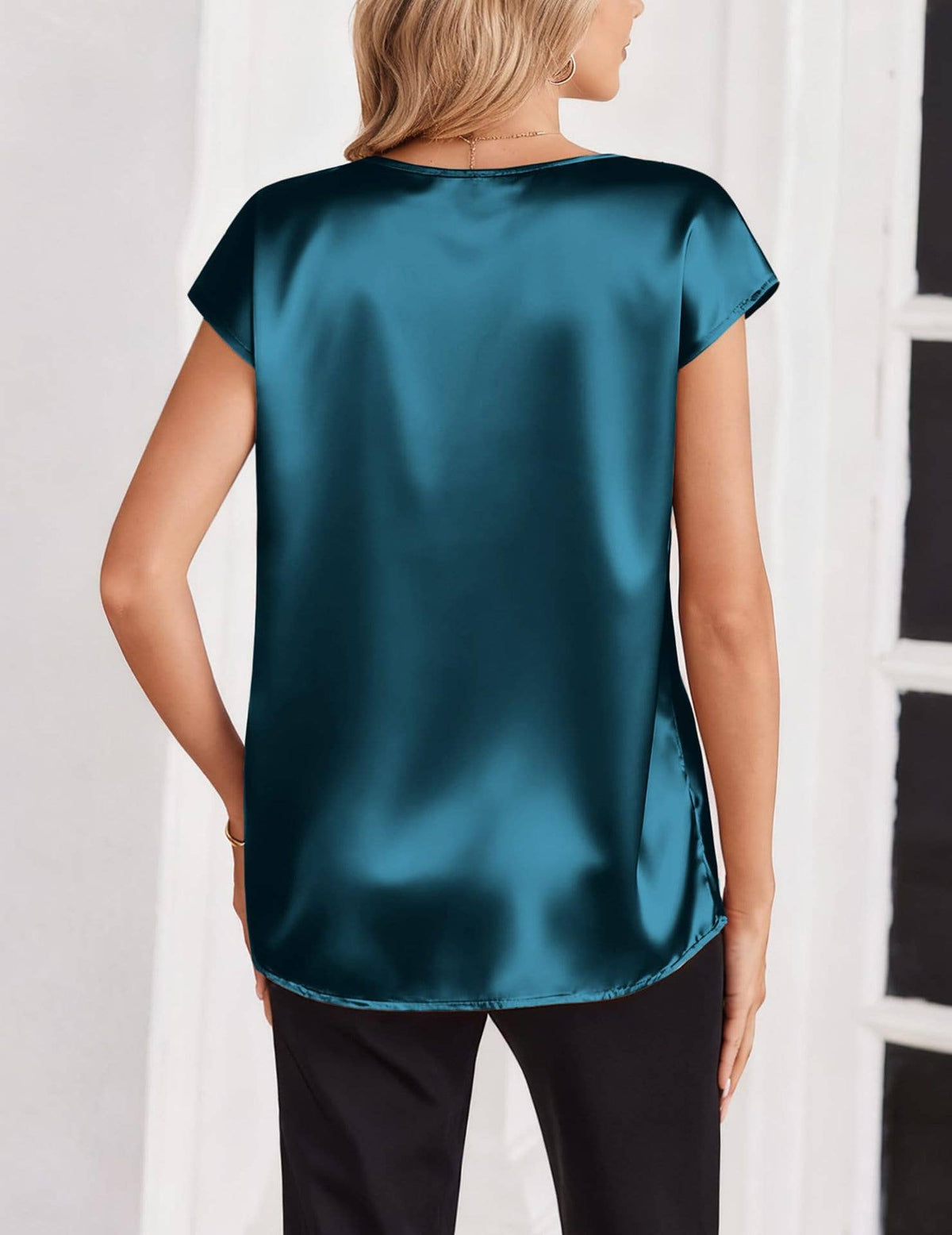 Teal V Neck Short Sleeve Satin Blouse/ Large