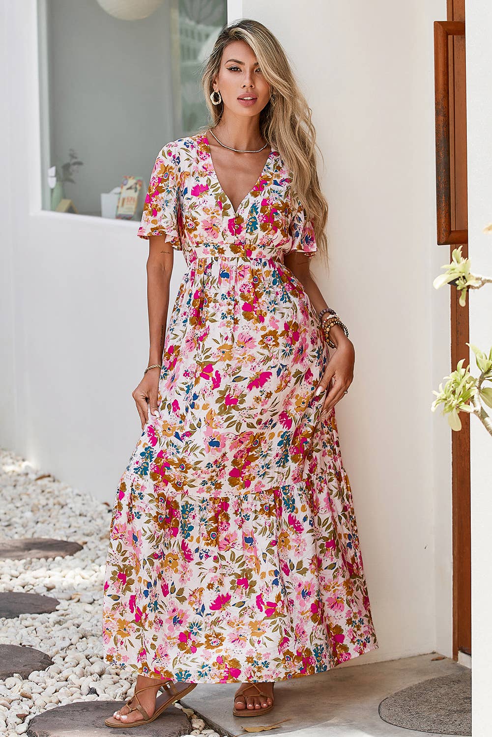 Floral V-Neck High Waist Maxi Dress
