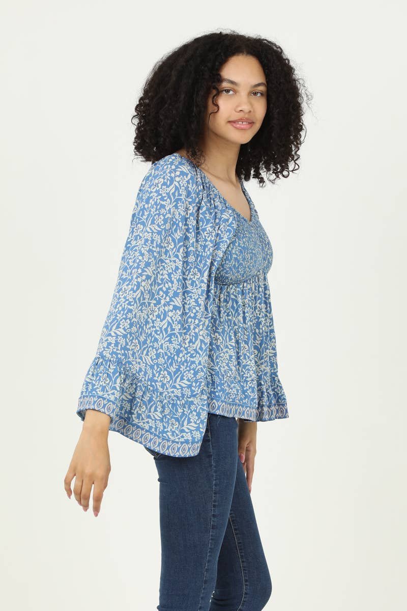 V-Neck Smocked Bust Wide Sleeve Blouse