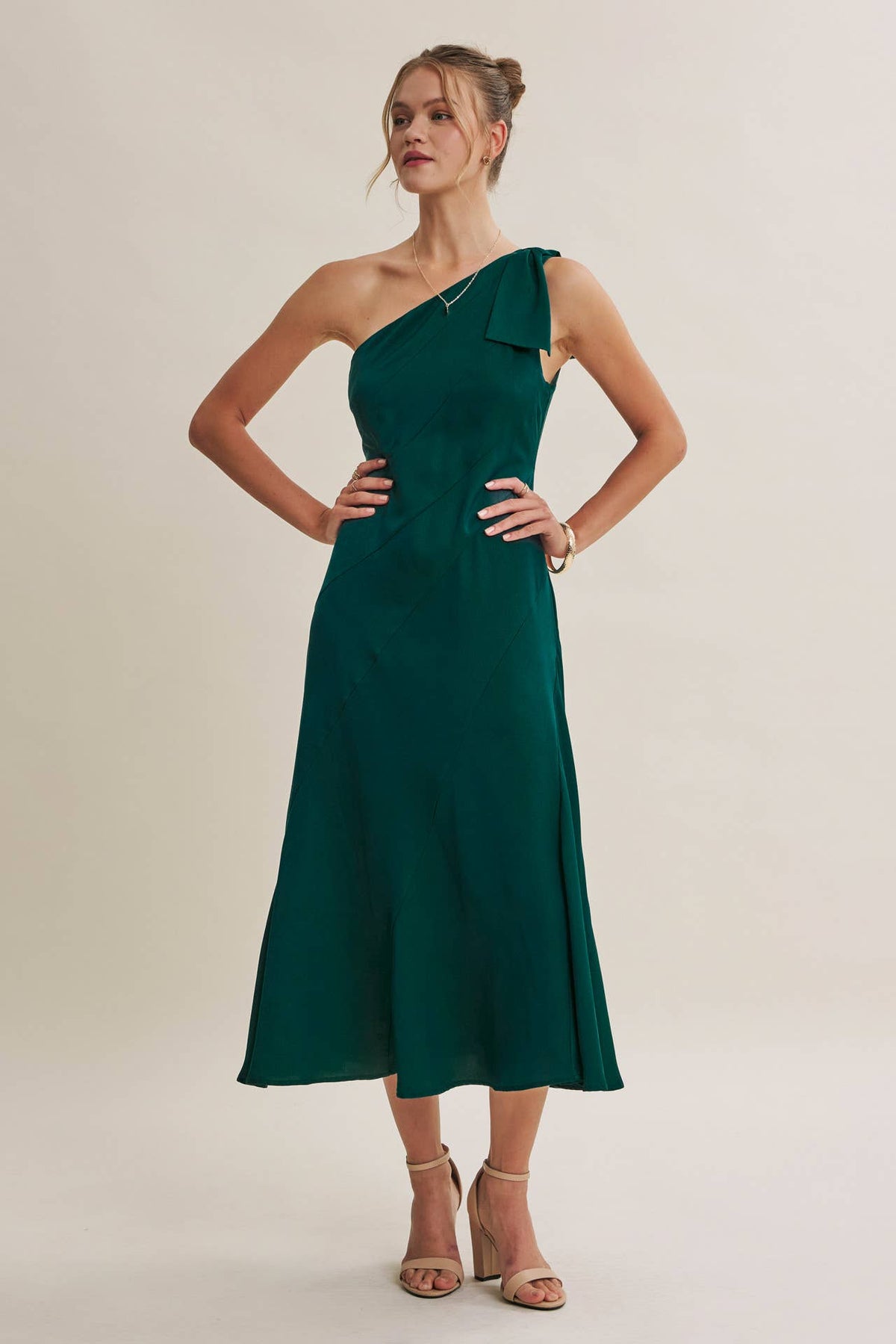 PARTY GLAM ONE-SHOULDER BOW MIDI DRESS W/ SCULPTING SEAM
