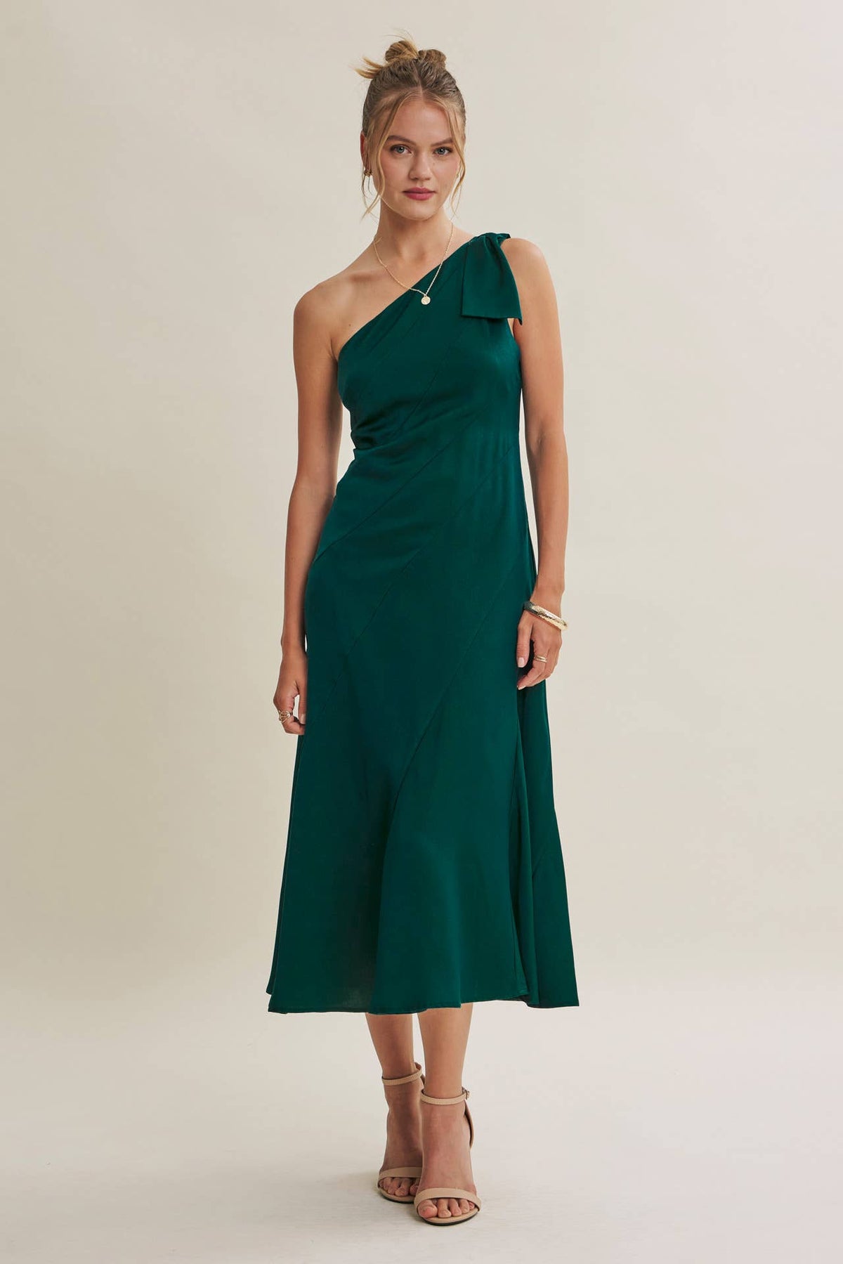 PARTY GLAM ONE-SHOULDER BOW MIDI DRESS W/ SCULPTING SEAM