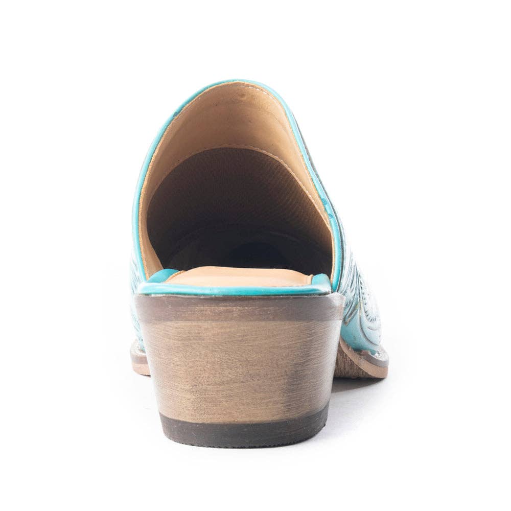 Valeria Hand-tooled Mules In Turquoise
