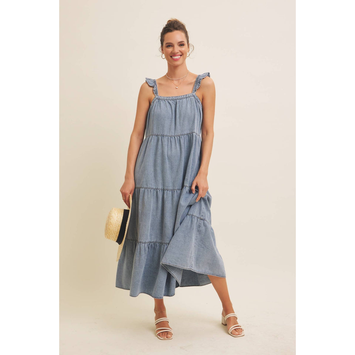 DENIM WASHED MIDI DRESS WITH RUFFLES AND BACK BOW