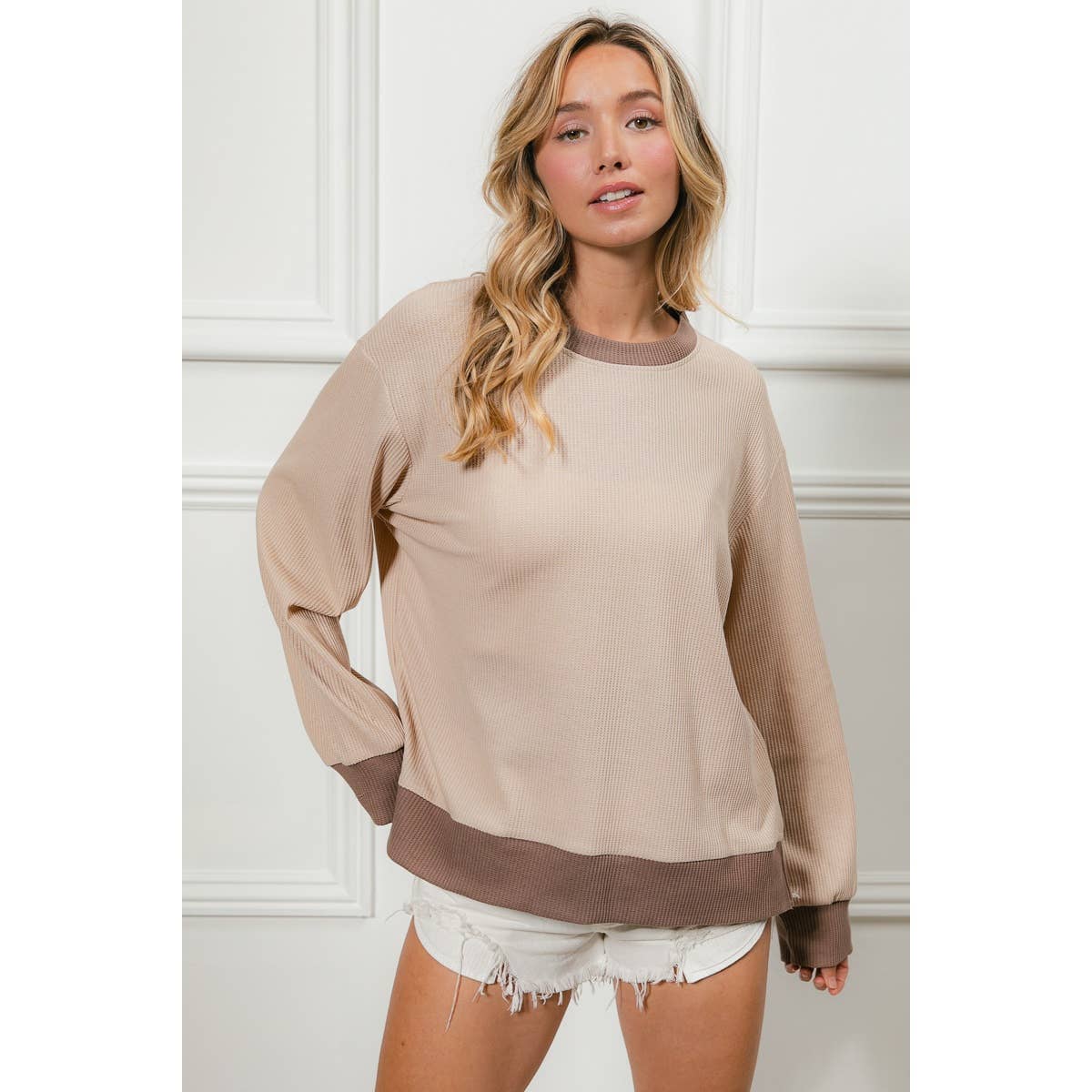Color Block Waffle Thermal Pullover