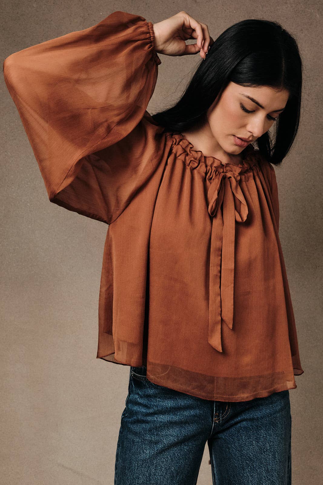 Ruffled Neck Front-Tie Crinkle Peasant Cami Blouse