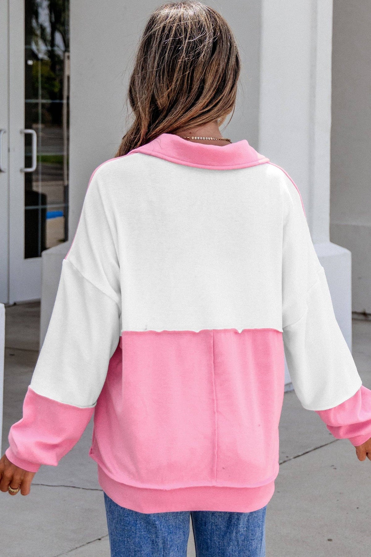 Color Block Ricrac Trim Patchwork Collar V Neck Long Sleeve Top