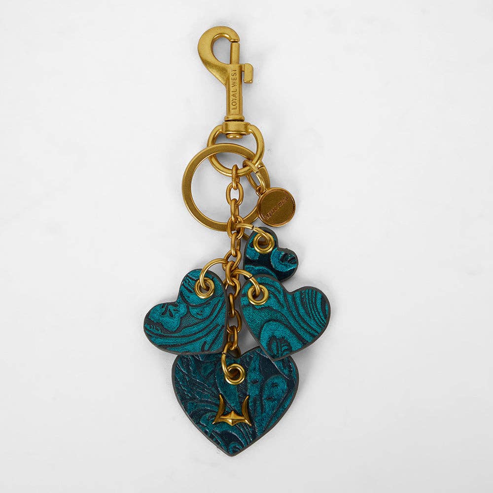 Loyal West Heart Shape Keychain In Hand Finished Embossed Leather - Turquoise
