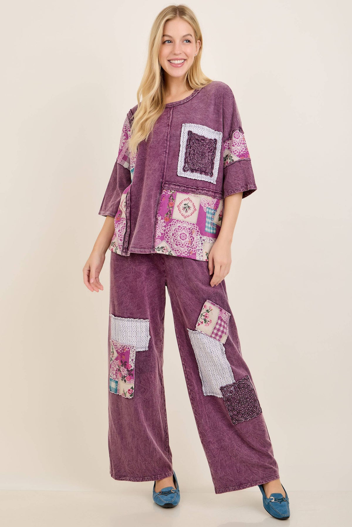 Mineral Washed Rosy Nostalgia Boho Patched top HT7524