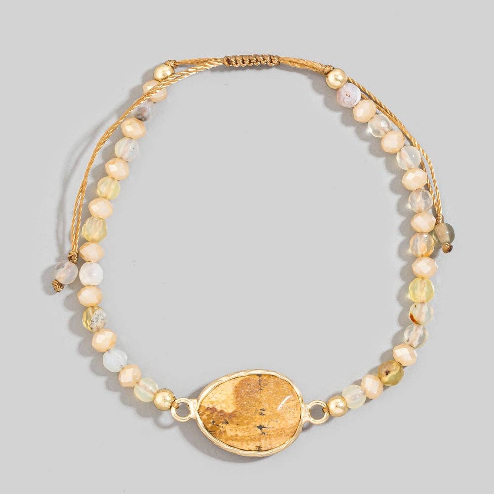 Faceted Semi Precious Oval Stone Charm Beaded Cord Bracelet