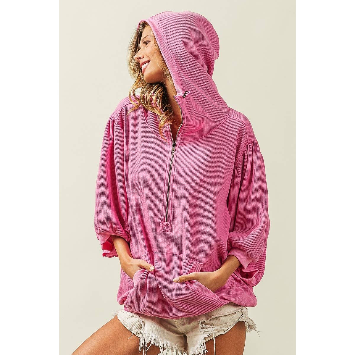 Three-Quarter Puff Sleeve Half Zip Washed Waffle Thermal Hoodie