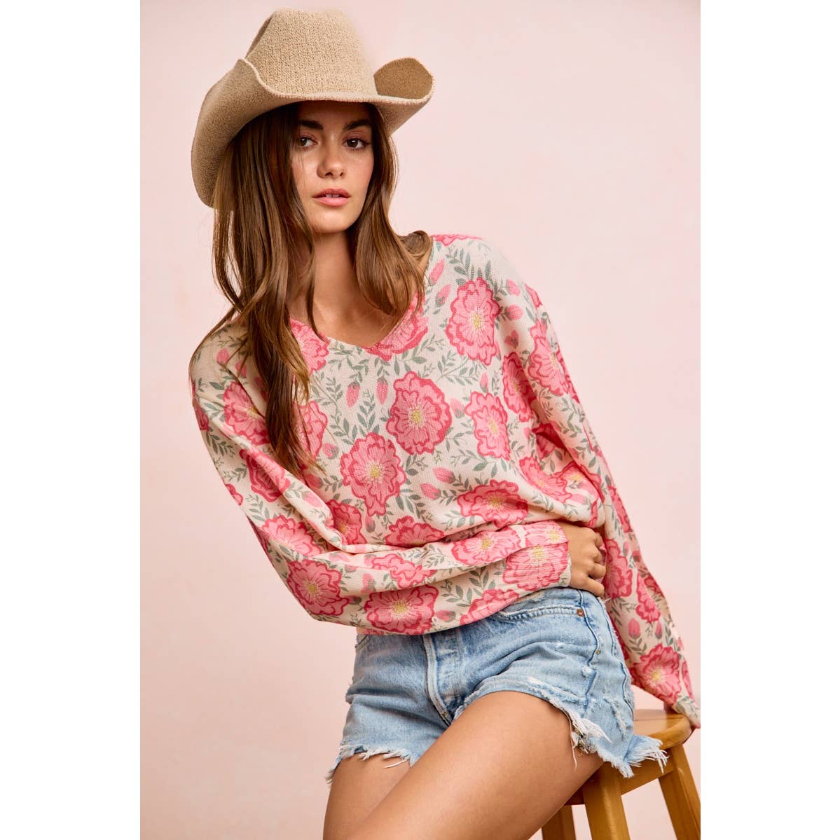 Flower Printed V-Neck Knit Top with Balloon Sleeves