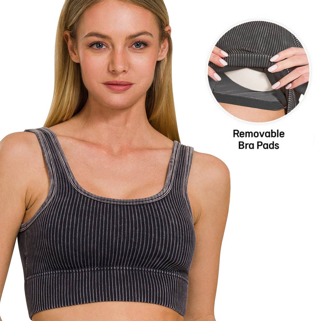Washed Rib Square Neck Crop Tank Top w\ Removable Bra pads Zenana