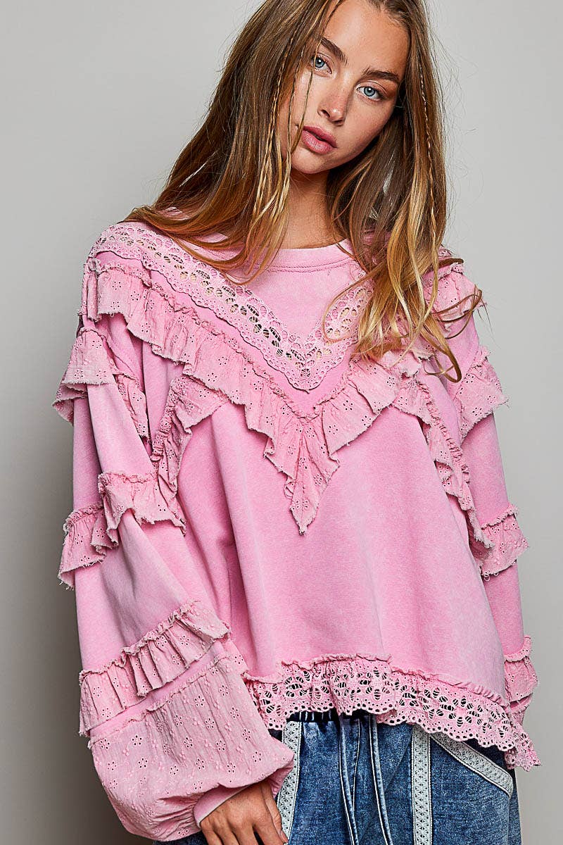 French Terry Eyelet Ruffle Vintage Washing Solid Knit Top
