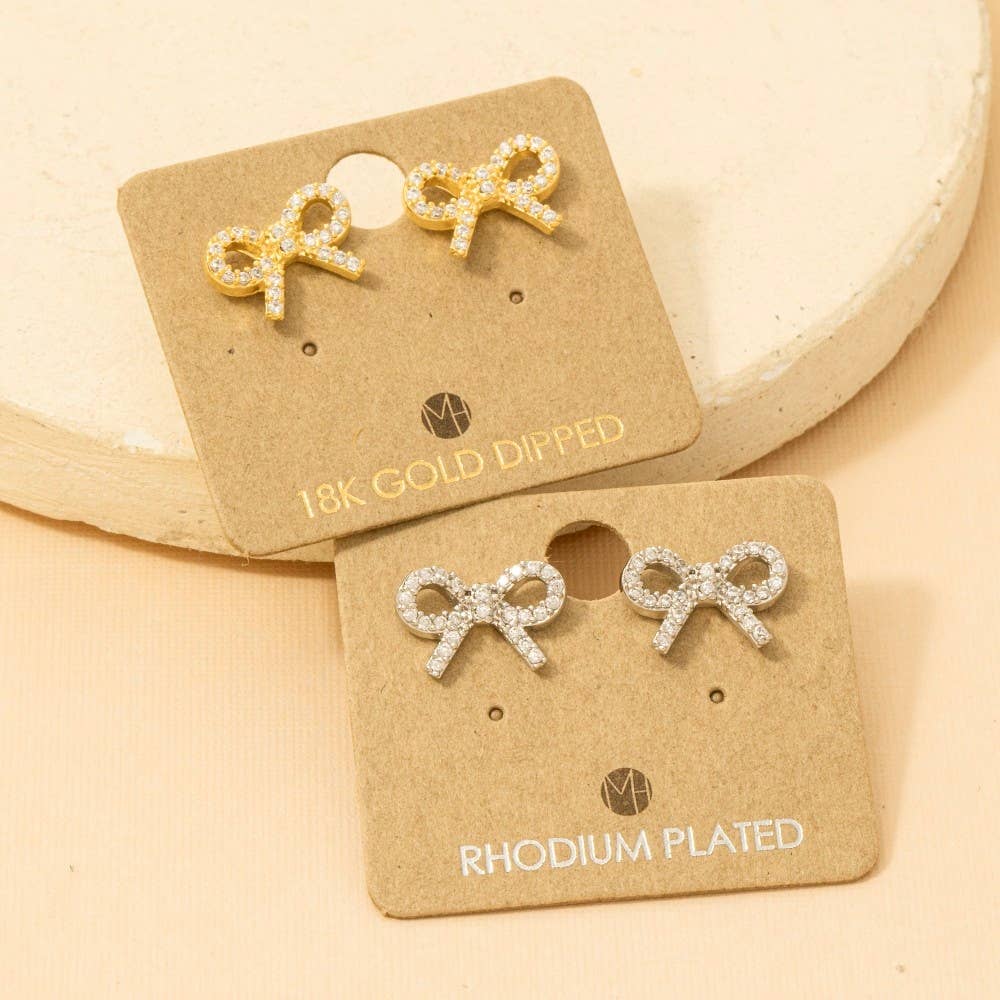 Gold Dipped Cz Pave Ribbon Bow Stud Earrings